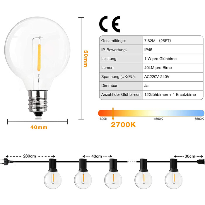 Струнні гірлянди для зовнішнього освітлення, GPATIO 7.62 M струнний світильник для зовнішнього освітлення з живленням від 12 Пластикова тепла Біла лампа розжарювання, світло