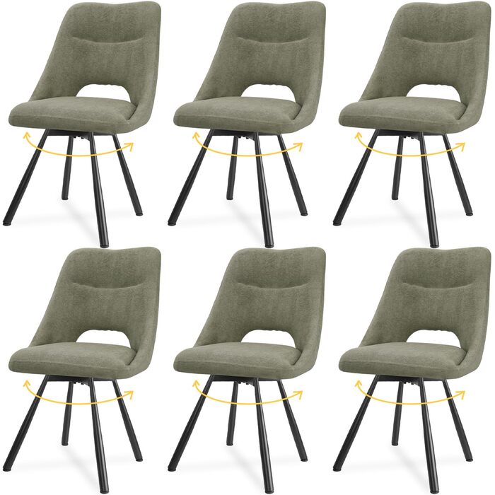 LEWE Комплект з 6 обертових стільців для їдальні, кухонних, вітальні та спальні, ергономічні, без підлокітників, з тканини кашемір, сіро-зелений