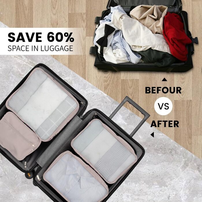 Набір органайзерів для валізи 12 предметів, водонепроникні пакувальні куби для подорожей та зберігання речей, бежевий