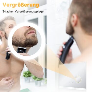 Дзеркало для ванної кімнати SONNI з підсвічуванням 80x60 см, 3 кольори світла, проти запотівання, LED, сенсорне керування, годинник, температура, 3-кратне збільшення