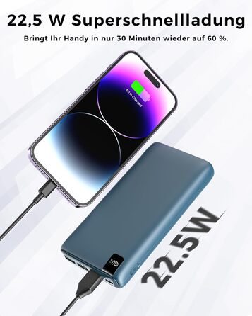 МАг - швидкий зарядний пристрій 22,5 Вт, USB C, LED-дисплей, 4 виходи, синій, 27000