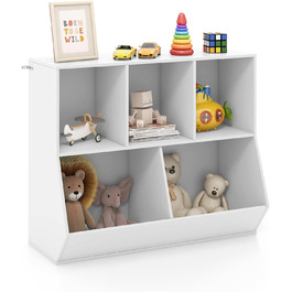 Дитяча книжкова шафа COSTWAY, дерев'яна дитяча полиця з відділеннями на 5 кубів і пристроєм проти нахилу, 2-ярусна шафа для зберігання іграшок для дитячої кімнати, ігрової кімнати та спальні (біла)