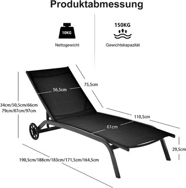 Шезлонг для саду та відпочинку Costway з регульованою спинкою та тканиною, що швидко сохне, до 50 кг, для саду, балкону, тераси (Чорний)