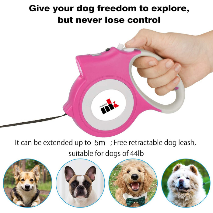 Висувний повідець для собак Makife 5 м для собак вагою до 25 кг, для великих і середніх собак, ліхтарик, сумка для собачих екскрементів з дозатором-Рожевий Рожевий (сумка для собачих екскрементів з дозатором)