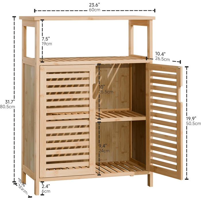 Шафа для ванної кімнати HITNET, окремо стояча, жалюзійні двері та полиця, бамбук, натуральний
