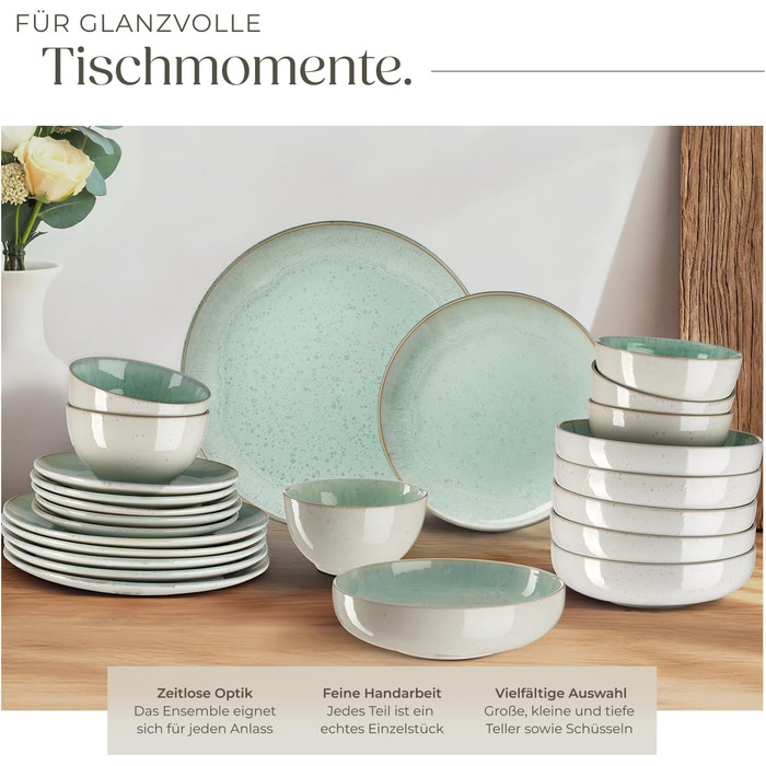 Набір посуду tectake® на 6 осіб (30 предметів), керамічний посуд, ручної роботи, з тарілками, мисками та чашками, придатний для миття в посудомийній машині та використання в мікрохвильовій печі - (24 предмети, Mid Sea)