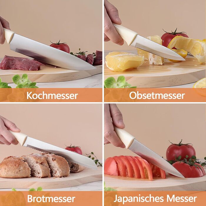 Набір кухонних ножів 7 шт. з бруском, Messerblock, з нержавіючої сталі, для кухні, нарізки м'яса та овочів (Бежевий)
