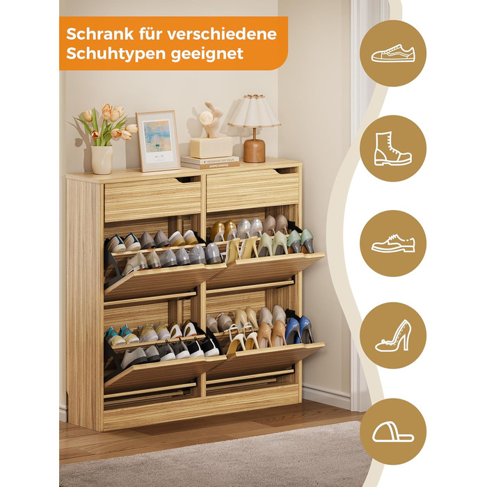 Шкаф для взуття IRONCK з 4 дверцятами, вузький, з 2 висувними ящиками, окремо розташований, з регульованими перегородками, для прихожого, входу та вітальні (білий). Матеріал: дерево. Розміри: 100x23.5x98 см