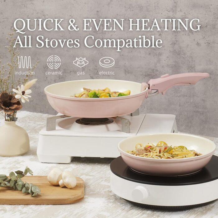 Набір каструль та сковорідок 23 частини з антипригарним покриттям. Підходить для всіх типів плит, духовка, без PFAS, PTFE, PFOA. Кремово-білий (8 предметів рожевий)