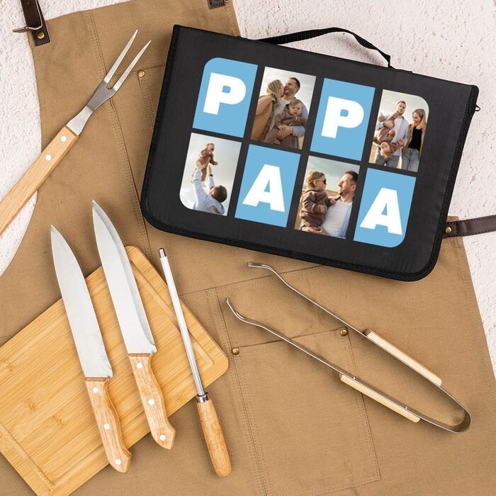 Персоналізований набір для барбекю Wanapix | 6 аксесуарів (ніж, заточувач, ніж для нарізання, щипці, бамбукова дошка)