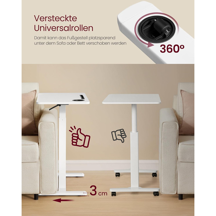 Столик приставний VASAGLE на колесах, мобільний, 70x40 см, регульована висота, 2 тримачі для напоїв, слот для телефону/планшету, білий (LSD600W01)