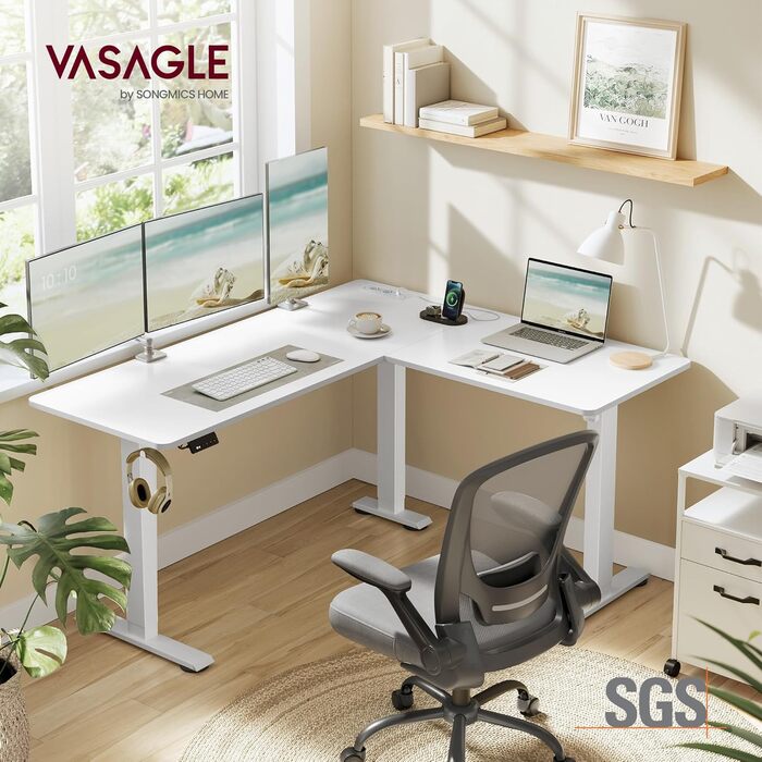 Електричний кутовий стіл VASAGLE з регулюванням висоти, 140 x 160 см, з підзарядкою, пам'ять висоти (2 положення), для офісу, білий (вохрений + матовий)