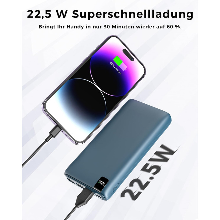 МАг - швидкий зарядний пристрій 22,5 Вт, USB C, LED-дисплей, 4 виходи, синій, 27000