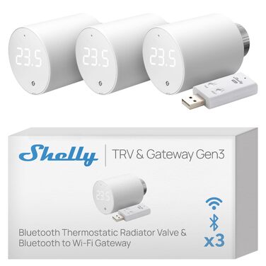 Shelly Blu TRV (3 шт.) + Shelly Blu Gateway Gen3: Розумний терморегулятор Bluetooth/Zigbee, точне регулювання температури, сумісність з Alexa та Google Home