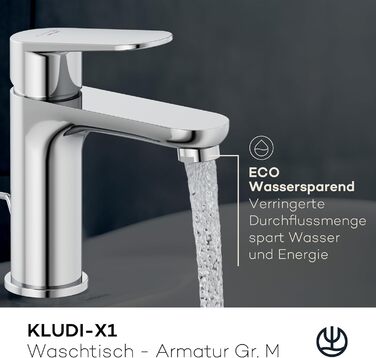 Змішувач для умивальника KLUDI-X1 низького тиску, висота виливу 95 мм, водозберігаючий, розмір M, з керамічним картриджем, хром, з 3 штуцерами (для бойлера), для ванної кімнати