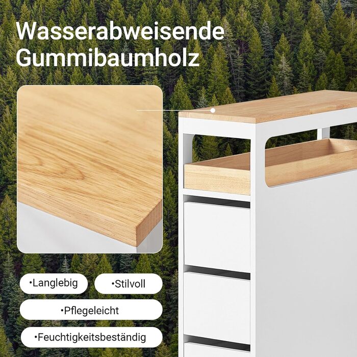 Шафка для ванної кімнати SoBuy з колесами, вузька шафка з 3 висувними ящиками, компактна тумбочка з дерева, навісна шафка для маленьких ванних кімнат, туалетів та кухонь, біла, 65x23x82 см, BZR54-W