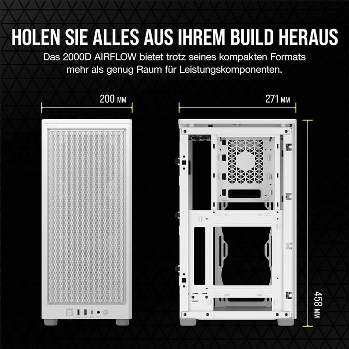 Корпус для ПК Corsair 2000D Airflow Mini ITX, білий, три слоти для GPU, сітчаста сталь, оптимізований для охолодження, сучасні порти на фронті