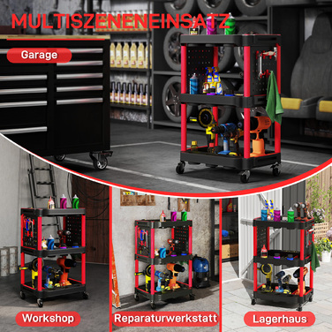 Ящик для інструментів з трирівневими полицями, 4 колеса, пластик, 10 гачків, червоний