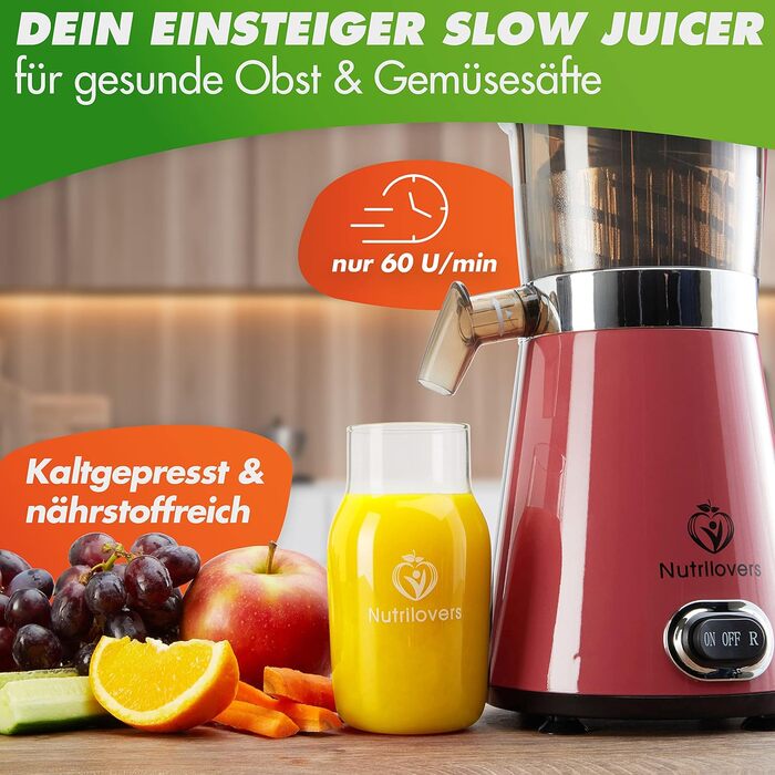 NUTRI-PRESS повільний соковитискач для фруктів та овочів, електричний, 2 отвори для завантаження, тихий, з пляшкою для соку To Go та додатком з рецептами, рожевий