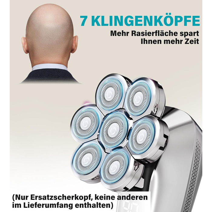 Водонепроникна бритва для голови для лисих чоловіків, волога та суха бритва для бритви Bald, з 7 обертовими бритвами, акумуляторна лиса бритва (срібло, лише змінна головка), 7