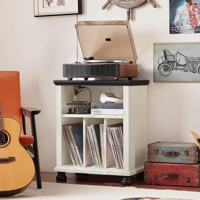 Стійка для програвача LELELINKY: полиця для 200 платівок, дерев'яний стіл для вітальні, спальні, офісу, білий