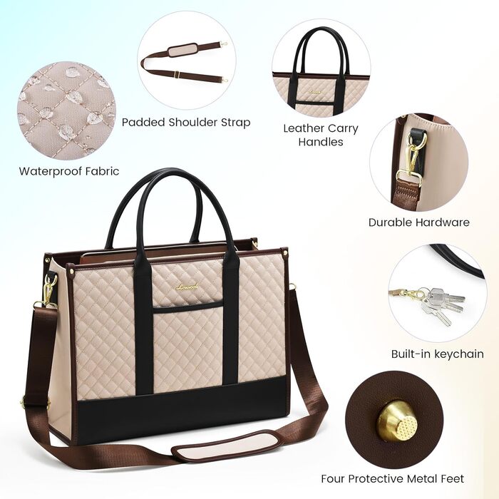 Сумка для ноутбука LOVEVOOK для жінок, водонепроникна, велика, шкіряна, для роботи, навчання, офісу, університету (15,6 дюймів, хакі+чорний)