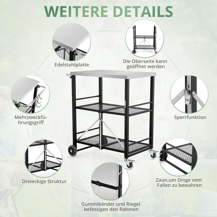 Гриль-візок LUE BONA: складаний, з 2 полицями, з нержавіючої сталі, чорний. Для дачі, кемпінгу, відпочинку на природі.