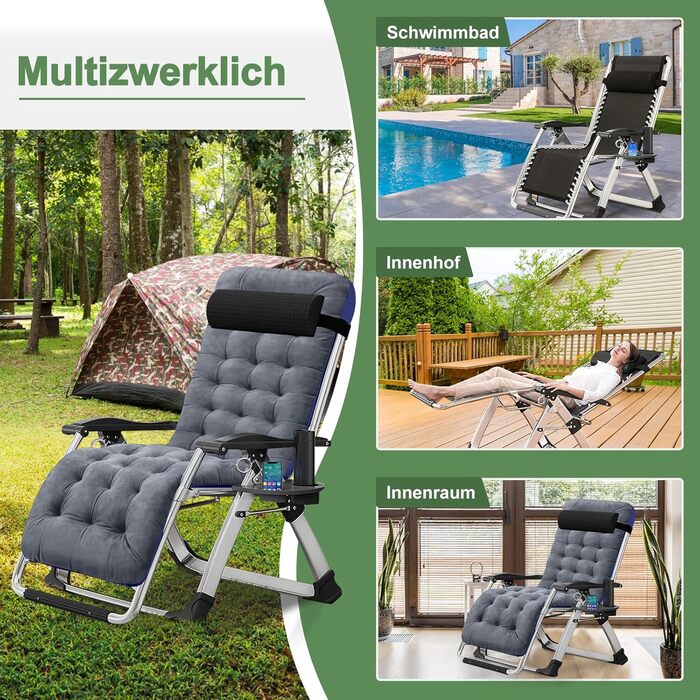 Складаний лежак з підголівником, 200 кг, для дому, балкону, пляжу, басейну (Сірий плюш)