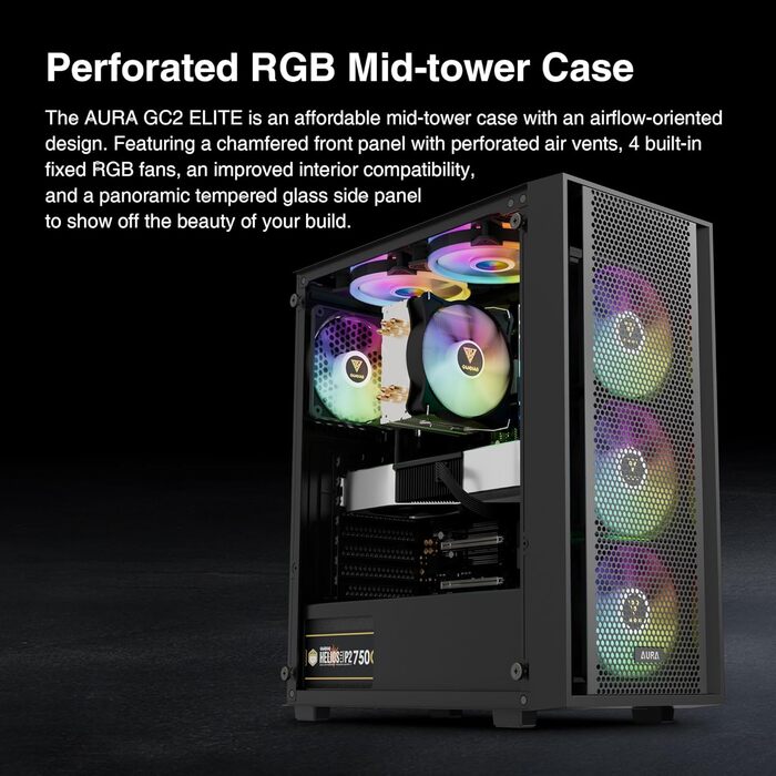 Ігровий корпус GAMDIA AURA GC2 Elite ATX, середня вежа, скляна сторона, сітчаста передня панель, 4 вентилятори ARGB, чорний