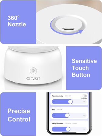 Зволожувач повітря CLEVAST Спальня, Тихий ультразвуковий зволожувач повітря з верхнім наповненням 3 л Cool Mist, Дитяча кімната з аромадифузором, контроль вологості, Wi-Fi Зволожувач повітря для Baby Classic