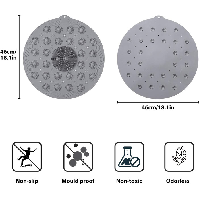Килимок для душу KAITOER круглий нековзний килимок для ванної з присоскою 46x46 см Килимки для душу з дренажним отвором, силіконовий матеріал- (сірий)