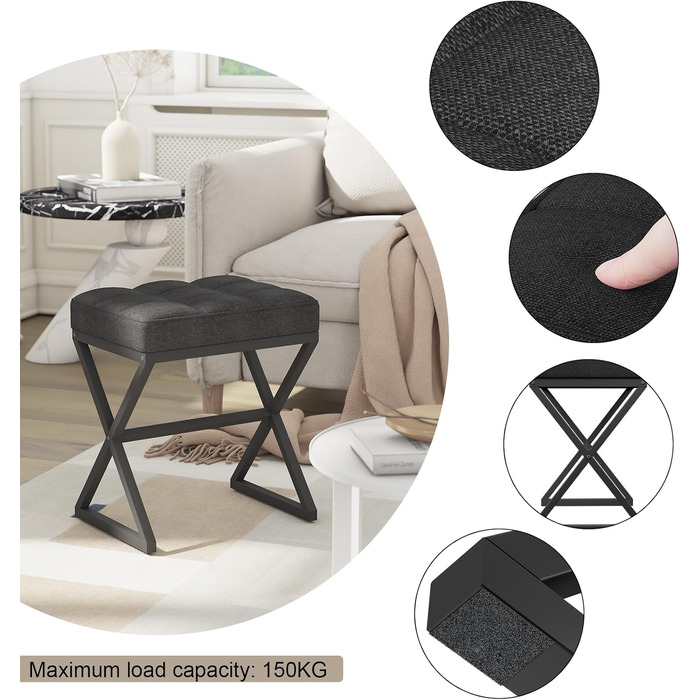 Чорний пуф-табуретка для макіяжу з металевими ніжками X-подібної форми, 40x30x46 см