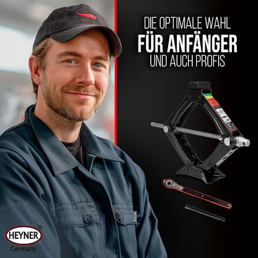 Гідравлічний домкрат Heyner 2т з чохлом, тріскачкою 17мм та гумовою накладкою (98-442мм) | Автомобільний домкрат-ножиці, сертифікат TÜV/GS