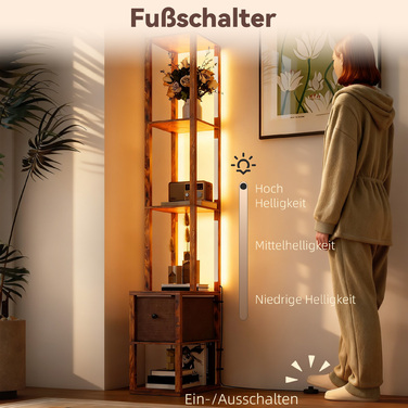 Світлодіодна настільна лампа з полицями, регульована яскравість, вимикач на нозі для спальні, рустикальний коричневий