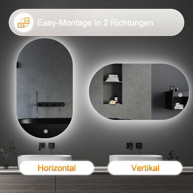 Дзеркало для ванної кімнати Boromal з підсвічуванням, овальне LED, 50x90 см, сенсорне керування, диммування, 3 кольори світла