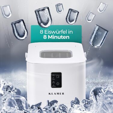 Льодогенератор KLAMER 24 кг/добу, 3 розміри кубиків льоду, 2.2л резервуар, 130W, білий