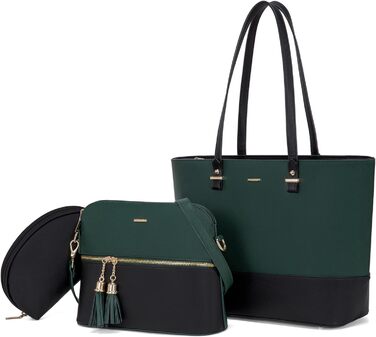 LOVEVOOK Сумка-шоппер для жінок, велика шкіряна сумка, набір 3 шт. (C темно-зелений, чорний)