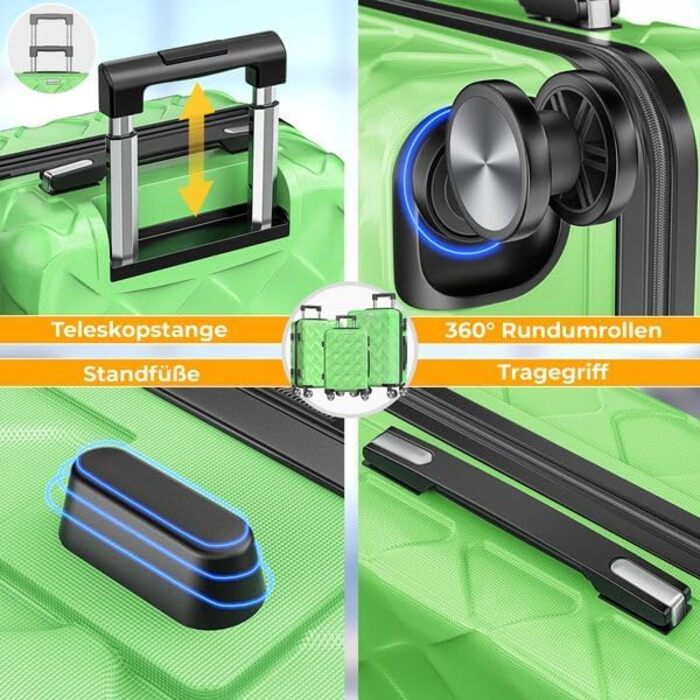 Набір валіз KESSER® 3 шт. | ABS валізи з кодовим замком, ваговою шалькою та органайзером для документів, 360° колеса | Ручна поклажа та великі валізи для подорожей та бізнесу (Apple Green)