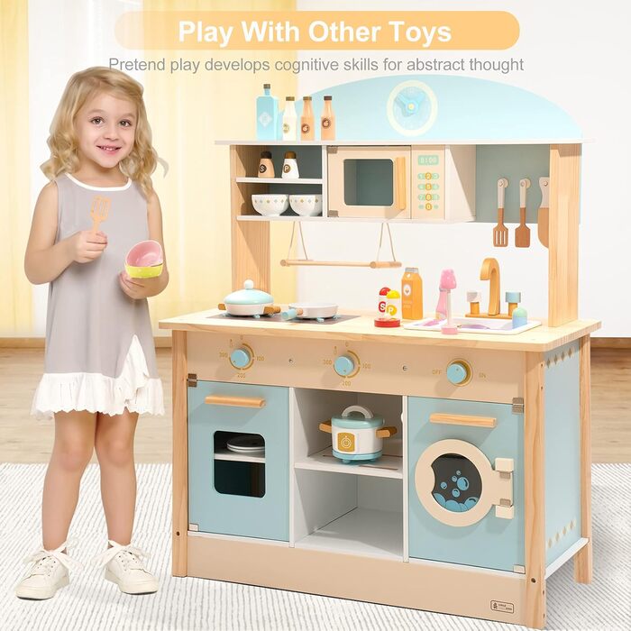 Дерев'яна дитяча кухня ROBUD з аксесуарами | Іграшковий кухонний набір для дітей з продуктами та кухонним обладнанням