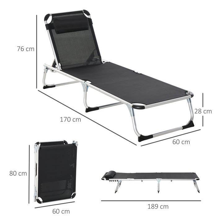 Outsunny Sun Lounger Садовий шезлонг 5-позиційний регульований складний ергономічний з сіткою чорний 170 x 60 x 76 см для відпочинку на свіжому повітрі