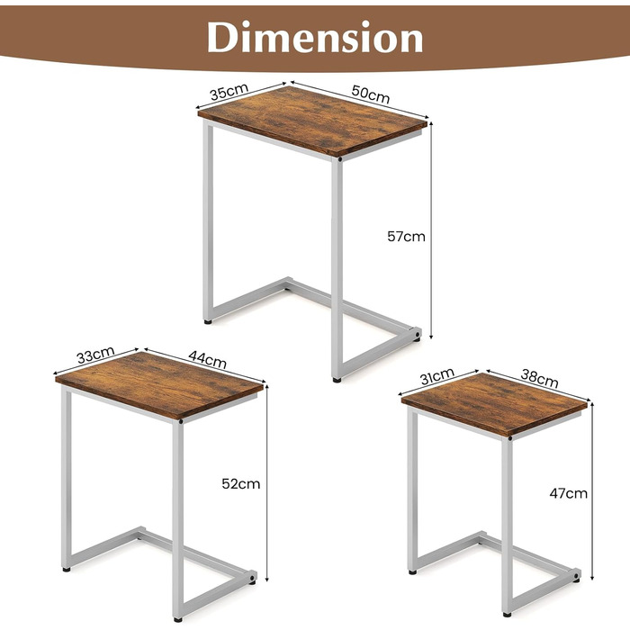 Набір з 3 бічних столиків, гніздового столу, штабельованого журнального столика, столів для вітальні з дерева та металу, 3 шт. С-подібний журнальний столик для вітальні та офісу (коричневий)