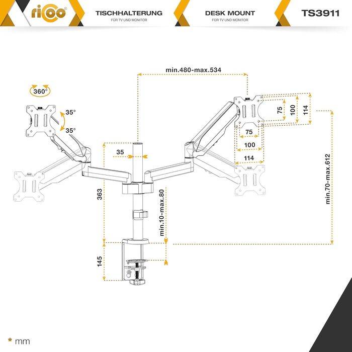 Підставка для монітора RICOO TS3911 для 2 моніторів, газ-амортизатор, VESA 75x75/100x100, 17-32 дюйми