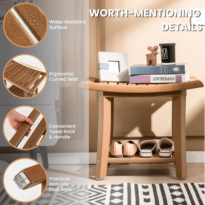 Двомісний стілець для душу HOMASIS з полицею, витримує до 170 кг, з HDPE, з 2 ручками та антиковзними накладками, для літніх людей та дорослих (колір: коричневий)