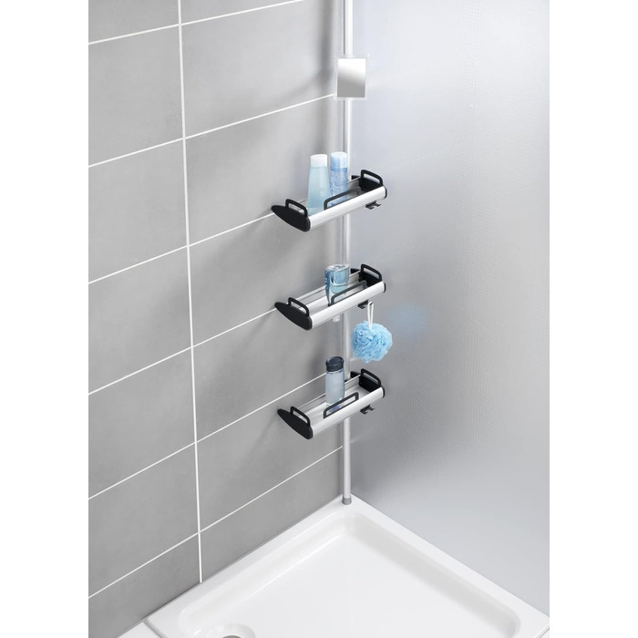 Телескопічна полиця для ванної кімнати, регульована по висоті душова полиця з 3 полицями та дзеркалом, алюміній, 30 x 70-260 x 17 см, срібло