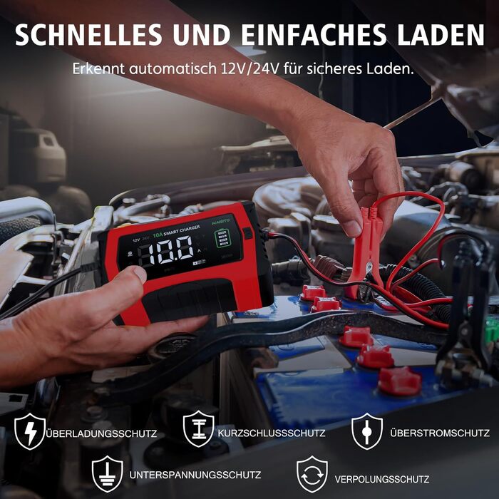 Інтелектуальне зарядне пристрій для акумулятора Haibito 12V/24V 10A з LCD-дисплеєм, для автомобіля