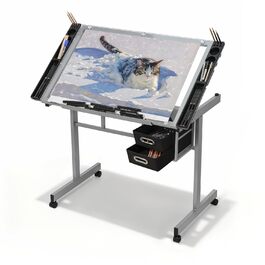 Регульований стіл для малювання Magshion з нахиленою скляною стільницею, переносний з 2 шухлядами та колесами, для художників, студентів (прозорий)