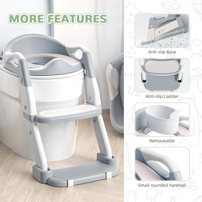Універсальний дитячий сидіння-сходинка для унітазу 2-в-1 з PU-покриттям, регульована висота, складна конструкція, антиковзке покриття та захист від бризок