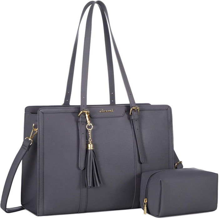 Сумка для ноутбука LOVEVOOK 15.6 дюймів для жінок: велика, на плечі, кросбоді, торба з канвасу, елегантна, для офісу, роботи, подорожей (сіра)