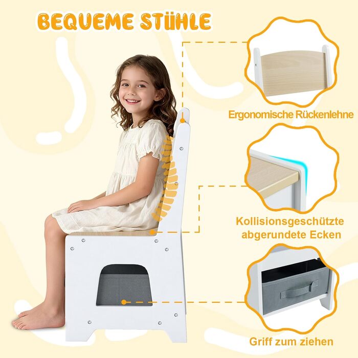 Детский стол со стульями COSTWAY 3 в 1, деревянная мебель для детей от 3 лет с откидной столешницей, полкой и ящиками