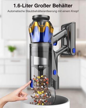 Бездротовий акумуляторний пилосос 45000 Па/550 Вт/65 хв, об'єм 1,6 л з дисплеєм, антизаплутана щітка, самостійна парковка, док-станція на стіні, 8-шарова фільтрація, тихий, для шерсті тварин/килимів/твердих поверхонь/автомобіля, блакитний